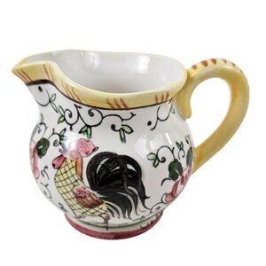 Vintage Early Provincial Hand Painted Ceramic Creamer Pitcher Roosters Roses
